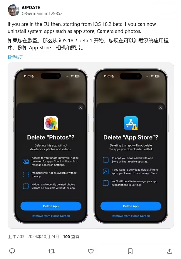 沙溪镇苹果手机维修分享iOS 18.2 支持删除 App Store 应用商店 