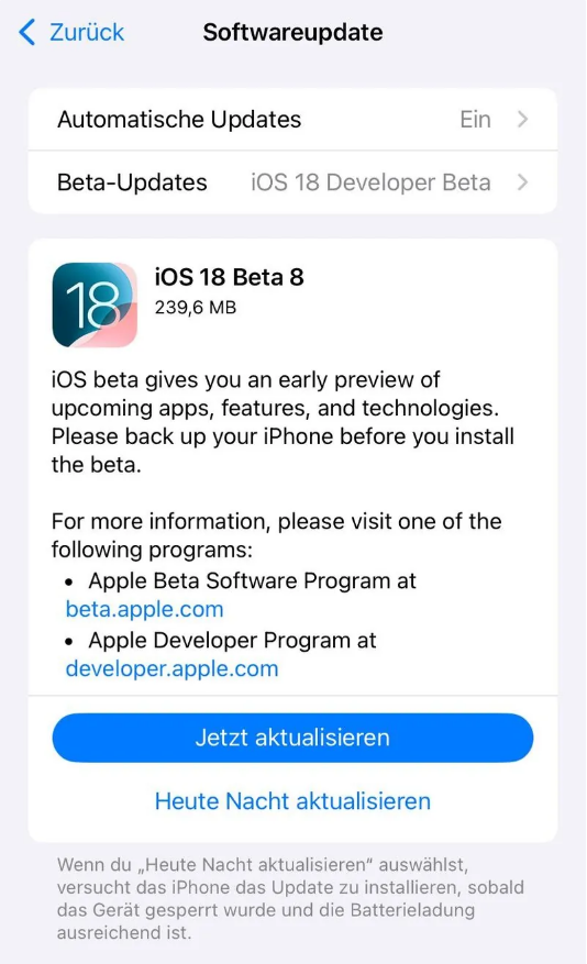 沙溪镇苹果手机维修分享苹果 iOS / iPadOS 18 开发者预览版 Beta 8 发布 